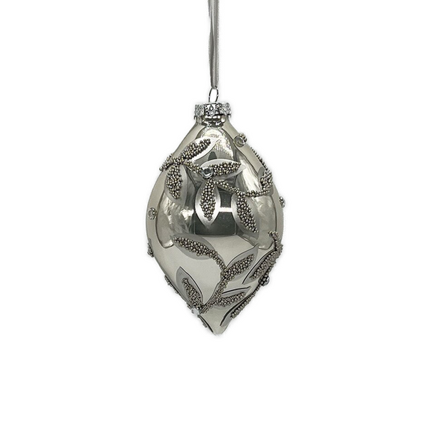 Boule en verre oignon feuilles perlées platine 4"