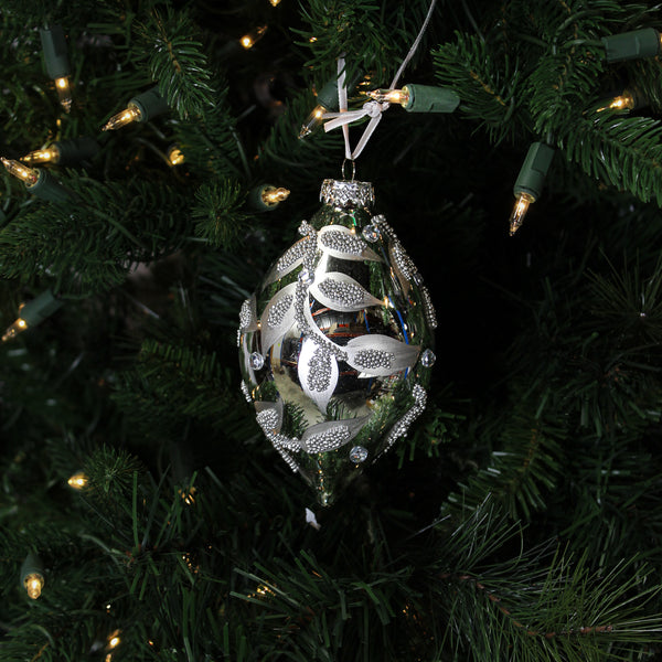 Boule en verre oignon feuilles perlées platine 4"