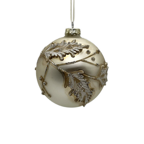 Boule en verre feuilles houx paillettes platine 4"