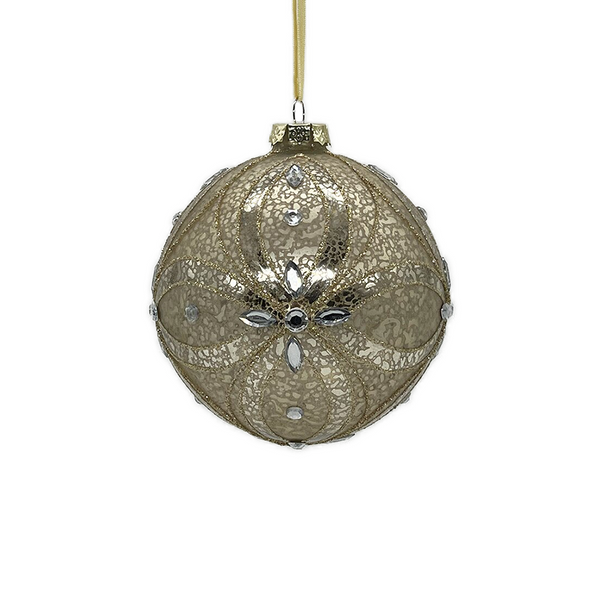 Boule en verre fleur paillettes mercure or clair 4,5"