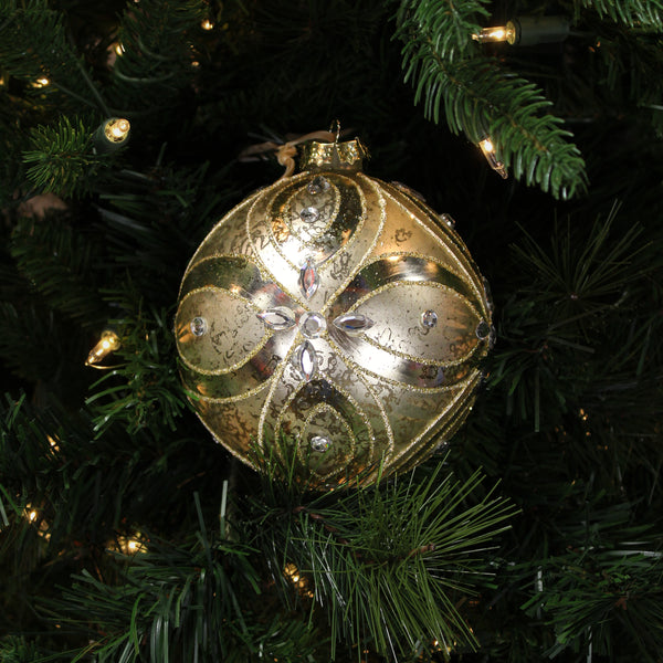 Boule en verre fleur paillettes mercure or clair 4,5"