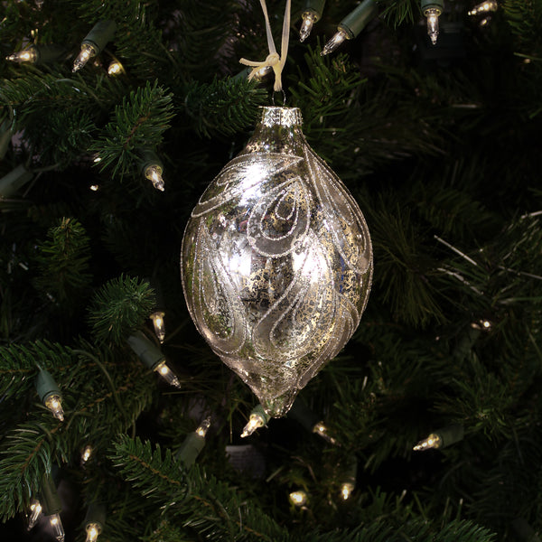 Boule en verre mercure fleuron tourbillonnant argent patiné 4,5"