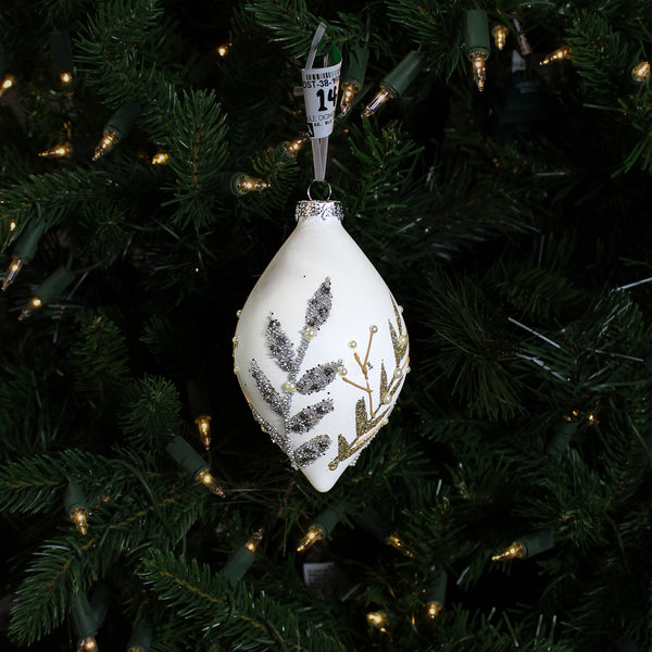 Boule en verre oignon feuilles paillettes platine blanc mat 4"