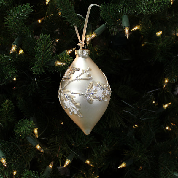 Boule en verre oignon feuilles houx paillettes platine 4"