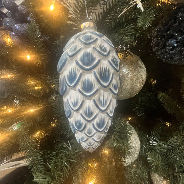 8" White/Blue Pinecone Ornament