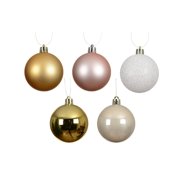 Boules de Noël assorties or, champagne et rose – boîte de 30