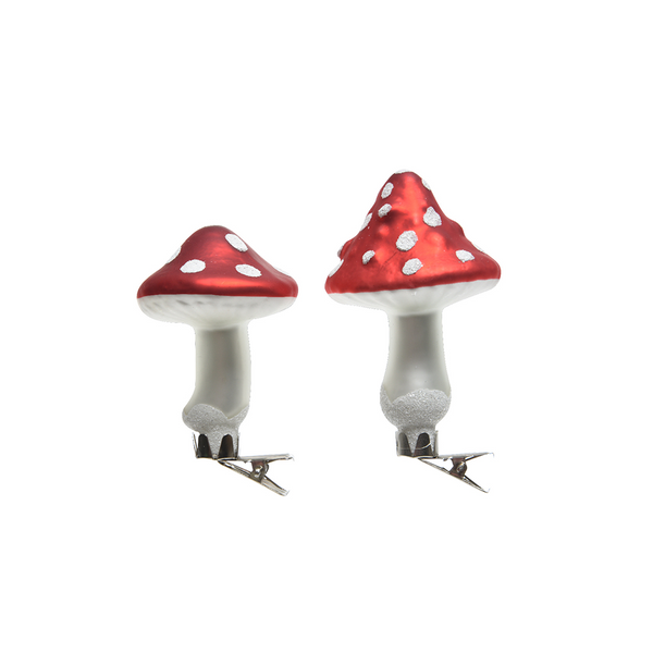 Mushroom ornament on clip box of 3 red