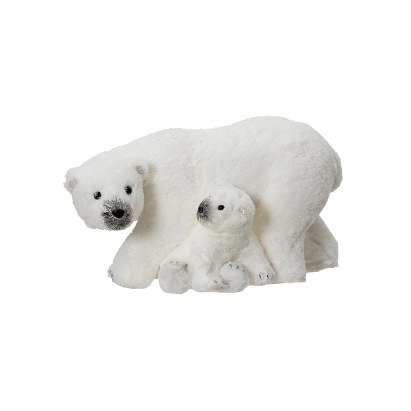 Ours polaire maman et bébé en fourrure blanche 9,4" x 19,3" x 10,6"