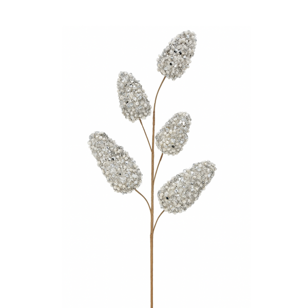 Tige de pomme de pin métallique pailletée argent 28"