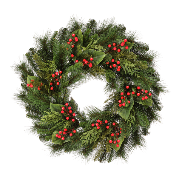 Couronne de pin, magnolia et baies UV 30"