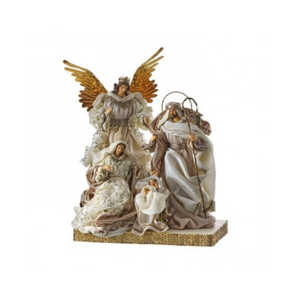 Sainte Famille en tissu, résine et métal avec ange 13"