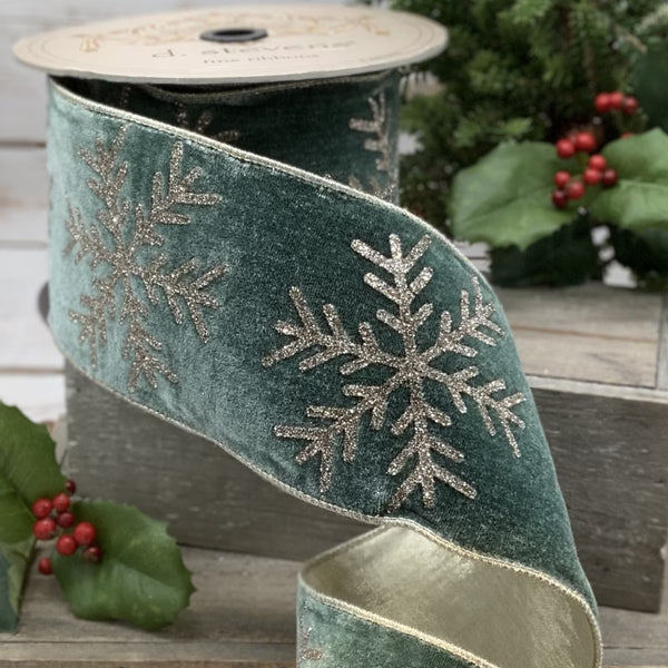 Ruban velours grand flocon neige pailleté platine céladon 10 cm x 9 m