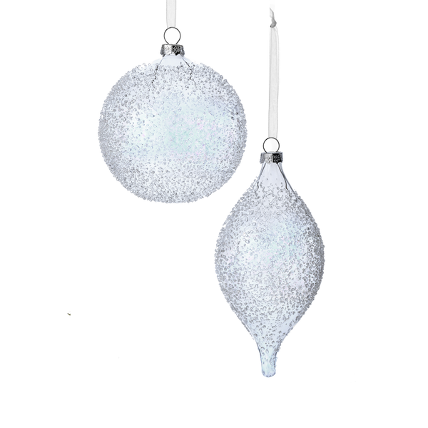 Ornement boule ou flèche en verre perlée et pailletée 4-6" assortie