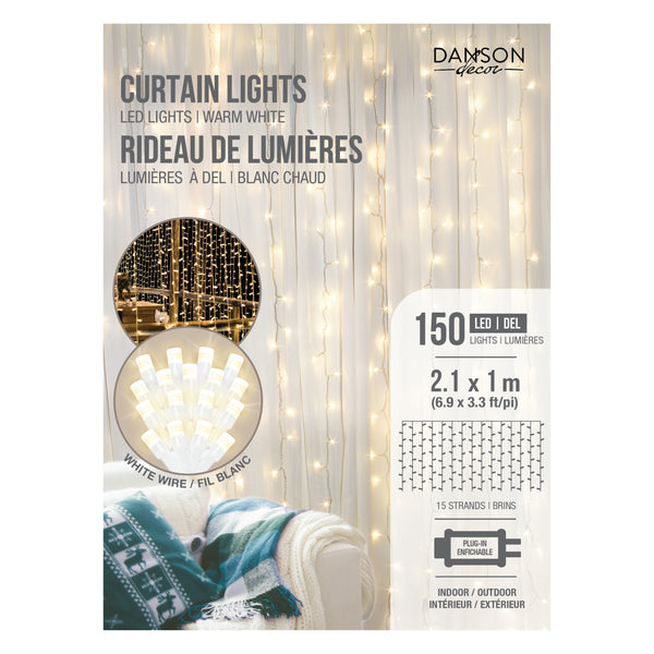 Guirlande lumineuse rideau 150 DEL 5mm, intérieur/extérieur, fil blanc, blanc chaud – 2.1m x 1.0m