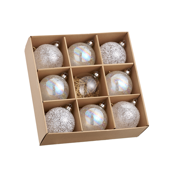Boules de verre argentées en boîte de 9, 4''