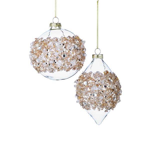 Ornement boule ou flèche en verre givré et sequins 4-6" assortie