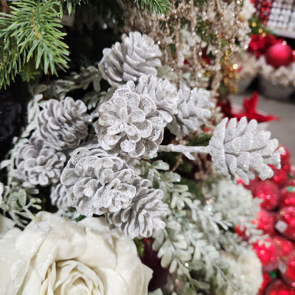 18" White Glittery Pinecone Stem