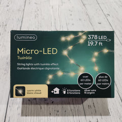 378 Warm White LED Micro Lights, Silver Wire, Indoor and Outdoor, 8 Functions, 19.7'