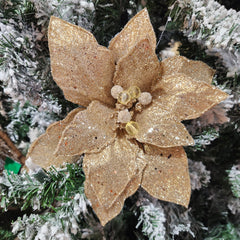Shiny Gold Jeweled Poinsettia Stem 21"