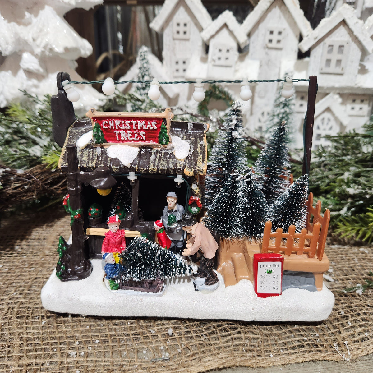Scène de vente de sapins 18 cm x 14 cm
