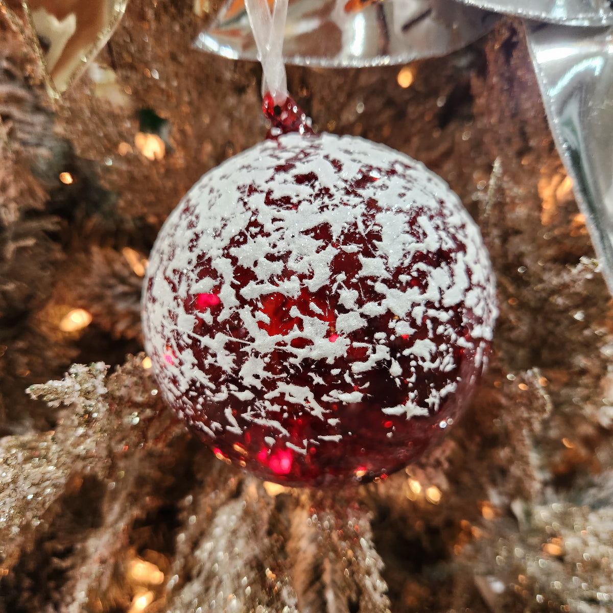 4" Red and Clear Snow Glass Ball
