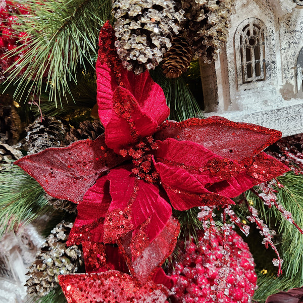 Tige de poinsettia rouge foncé scintillant 22"