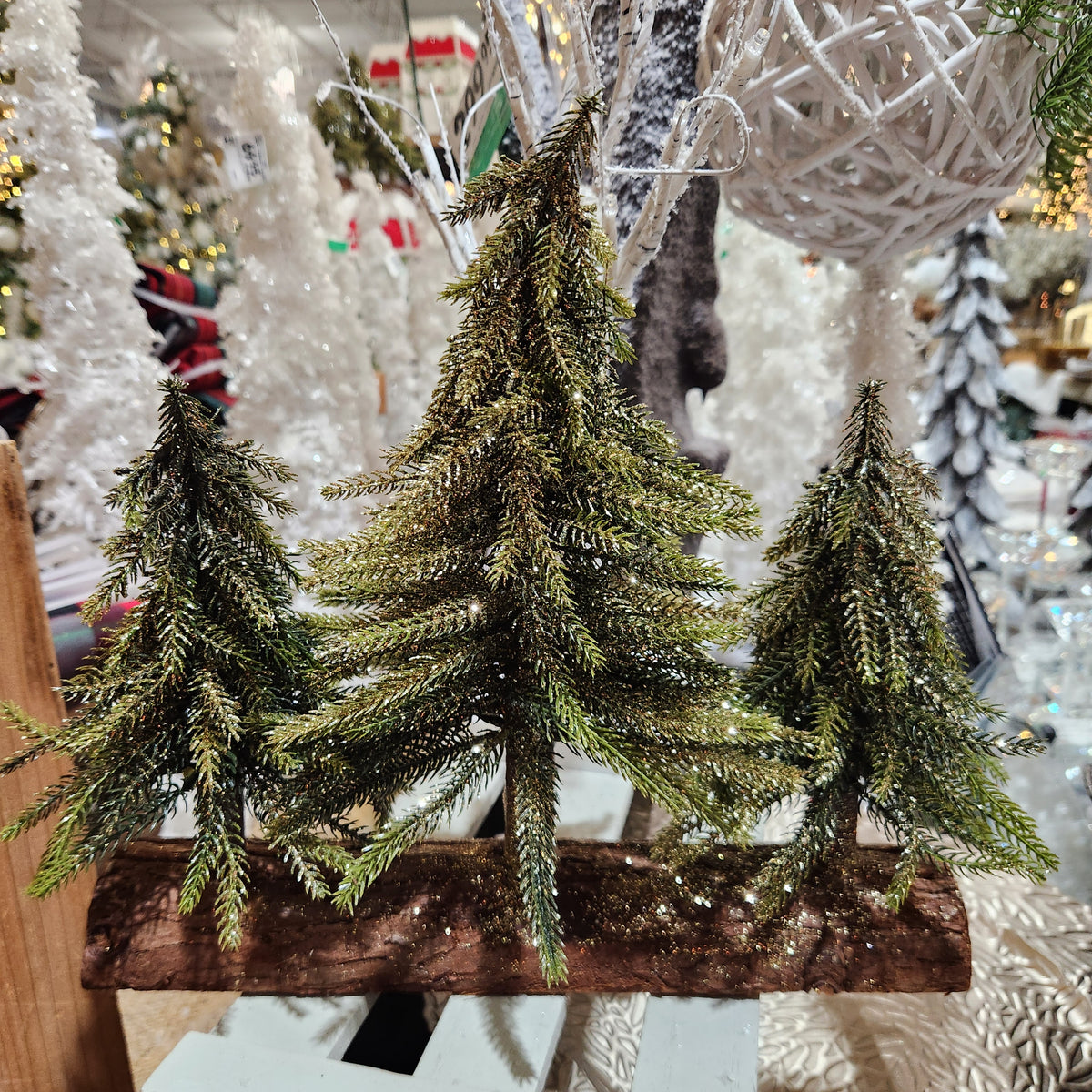 Arbres de pin dorés sur base en bois 14" x 6" x 10"