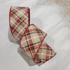 Ruban de lin losange rouge, vert, blanc et doré 2,5" x 30'