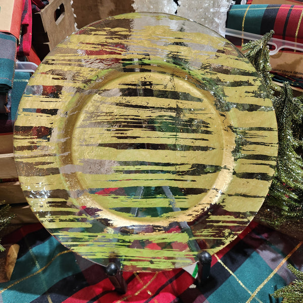 Gold Glass Plate with Splashes and Decorative Lines 13"