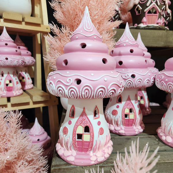 Maison "Bonbon" résine LED Rose et Blanc 9"