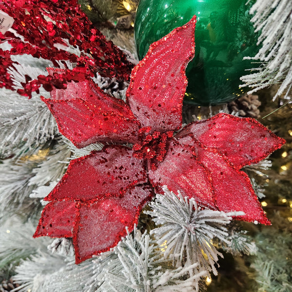 Tige de poinsettia rouge scintillant 22"
